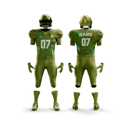 Olive green American football uniform with abstract teal accents.