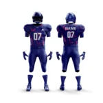 Navy blue American football uniform with striking red abstract designs.