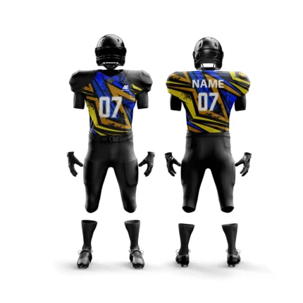 Black American football uniform with blue and yellow geometric patterns.