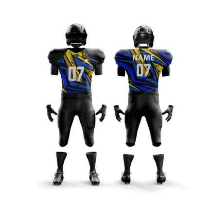 Black American football uniform with vibrant blue and gold accents.