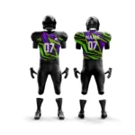 Black American football uniform with green and purple geometric designs.