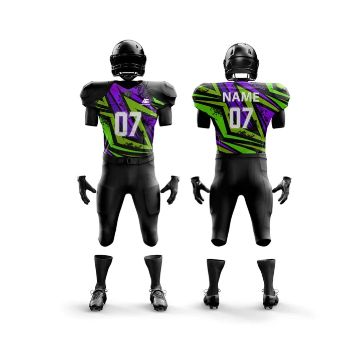 Black American football uniform with green and purple geometric designs.