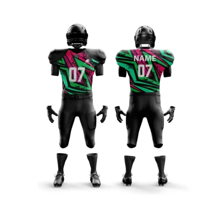 Black American football uniform with pink and green diagonal patterns.