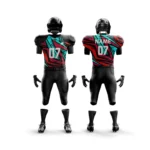 Black American football uniform with teal and red abstract patterns.