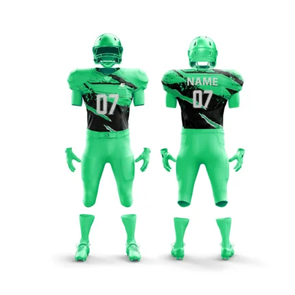 Vibrant green American football uniform, front and back view.