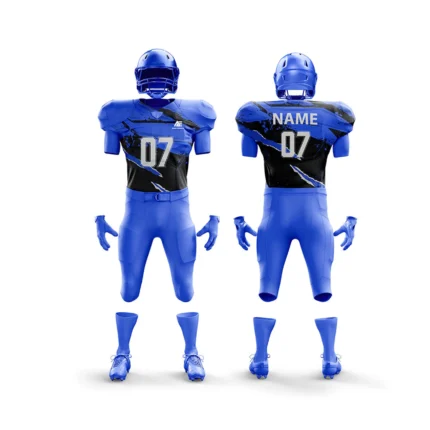 Blue American football uniform, front and back perspective.