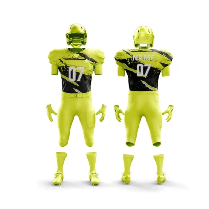 Yellow American football uniform with graphic details.