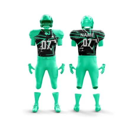 Teal football uniform with sleek design details.