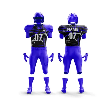 Deep blue football uniform with modern graphic elements.