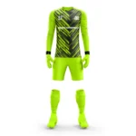 Bright green custom goalkeeper kit by Adrees Enterprises with a modern geometric pattern.