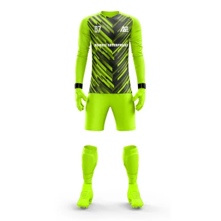 Bright green custom goalkeeper kit by Adrees Enterprises with a modern geometric pattern.