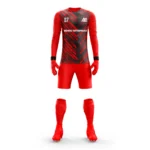 Bright red custom goalkeeper kit by Adrees Enterprises featuring a striking design.