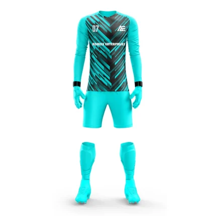 Sky blue custom goalkeeper kit by Adrees Enterprises with a unique athletic style.