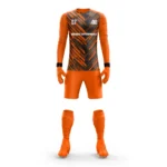 Orange custom goalkeeper kit by Adrees Enterprises showcasing a bold pattern.