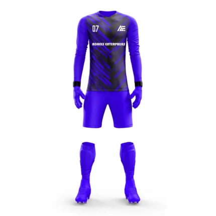 An orange goalkeeper kit with a bold geometric design by Adrees Enterprises. Tailored for durability and style, this kit is perfect for high-performance games.