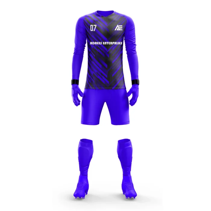 An orange goalkeeper kit with a bold geometric design by Adrees Enterprises. Tailored for durability and style, this kit is perfect for high-performance games.