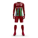 Maroon custom goalkeeper kit by Adrees Enterprises with vibrant vertical stripe patterns.