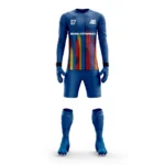 Blue custom goalkeeper kit by Adrees Enterprises featuring colorful vertical accents.