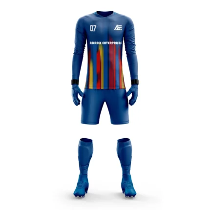 Blue custom goalkeeper kit by Adrees Enterprises featuring colorful vertical accents.