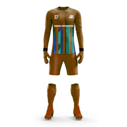 Brown custom goalkeeper kit by Adrees Enterprises with a unique multicolor stripe design.