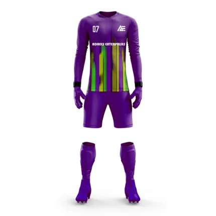 Purple custom goalkeeper kit by Adrees Enterprises showcasing striking green accents.