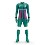 Teal custom goalkeeper kit by Adrees Enterprises with bold pink and orange vertical details.