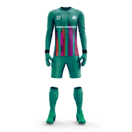 Teal custom goalkeeper kit by Adrees Enterprises with bold pink and orange vertical details.