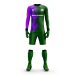 Green and purple custom goalkeeper kit by Adrees Enterprises with a bold split design.
