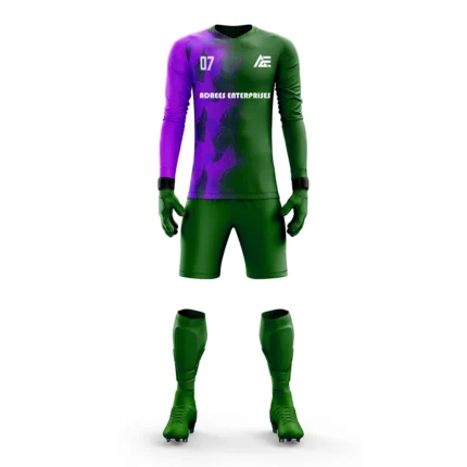 Green and purple custom goalkeeper kit by Adrees Enterprises with a bold split design.