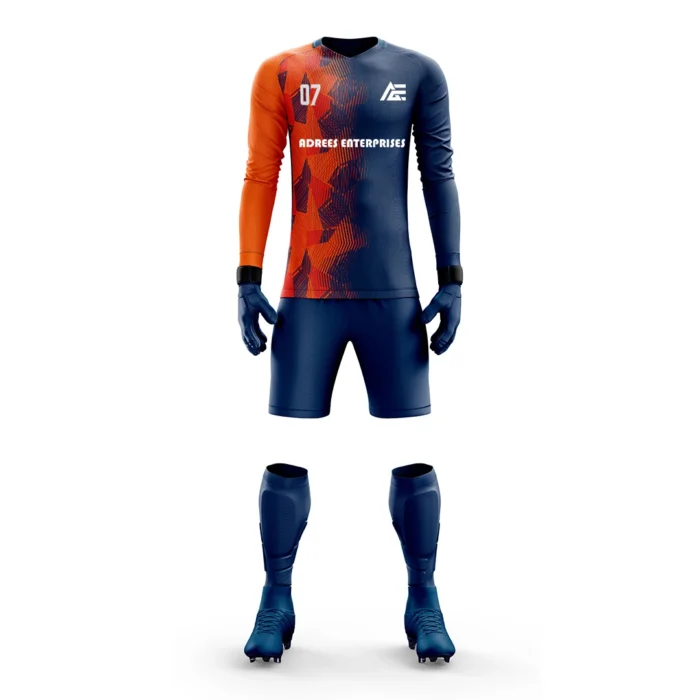 Navy and orange custom goalkeeper kit by Adrees Enterprises featuring a dynamic geometric pattern.