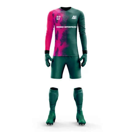 Teal and pink custom goalkeeper kit by Adrees Enterprises showcasing a striking two-tone design.