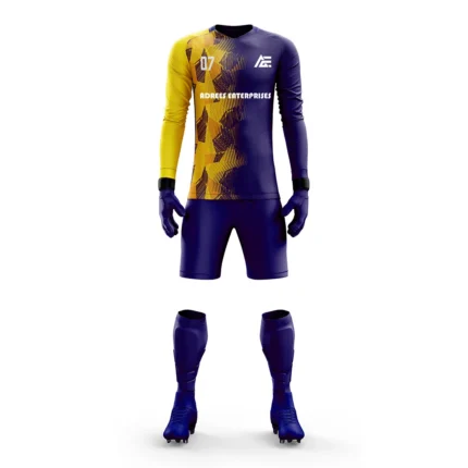 Blue and yellow custom goalkeeper kit by Adrees Enterprises with a vibrant split pattern.