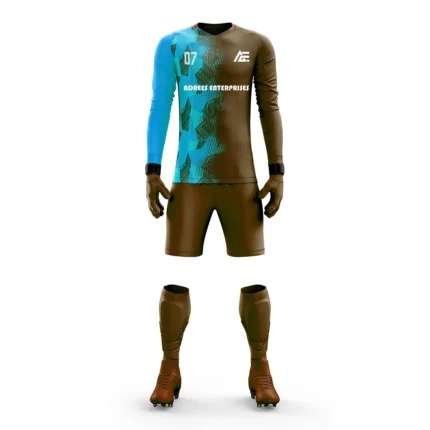 Brown and sky blue custom goalkeeper kit by Adrees Enterprises with a unique dual-tone design.