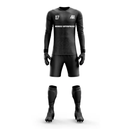 Black custom goalkeeper kit by Adrees Enterprises with a sleek and minimalist design.