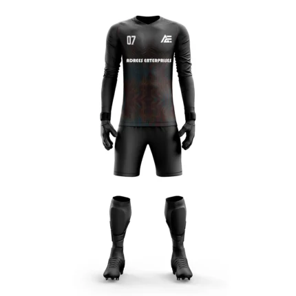 Black goalkeeper kit by Adrees Enterprises featuring subtle multi-color geometric accents.