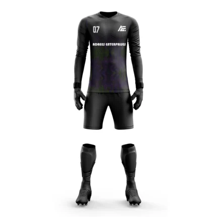 Black custom goalkeeper kit with purple and green undertones by Adrees Enterprises.
