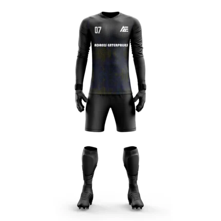 Black goalkeeper kit by Adrees Enterprises with blue and gold accent patterns.