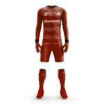 Red goalkeeper kit by Adrees Enterprises showcasing a bold striped design.