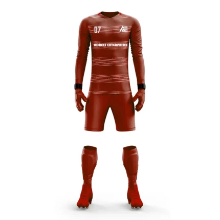 Red goalkeeper kit by Adrees Enterprises showcasing a bold striped design.