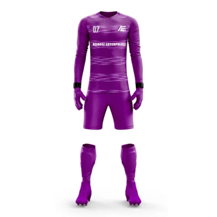 Purple goalkeeper kit by Adrees Enterprises featuring modern striped patterns.