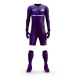 Custom goalkeeper kit with a purple and blue design by Adrees Enterprises.