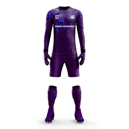 Custom goalkeeper kit with a purple and blue design by Adrees Enterprises.