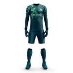Custom goalkeeper kit with a teal and green design by Adrees Enterprises.