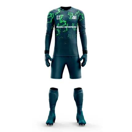 Custom goalkeeper kit with a teal and green design by Adrees Enterprises.