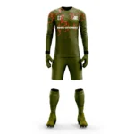 Custom goalkeeper kit with an olive green and orange design by Adrees Enterprises.