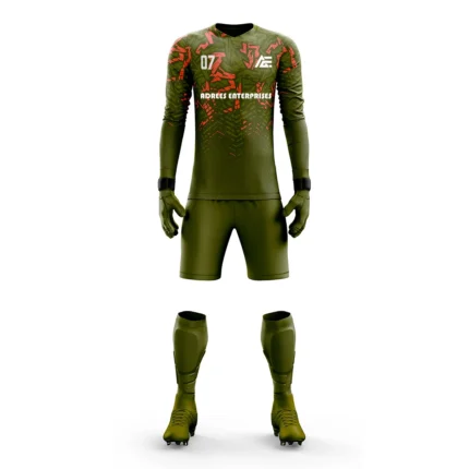 Custom goalkeeper kit with an olive green and orange design by Adrees Enterprises.