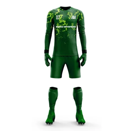 Custom goalkeeper kit with a vibrant green and yellow design by Adrees Enterprises.