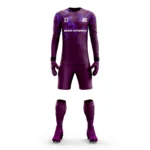 Custom goalkeeper kit with a rich maroon and purple design by Adrees Enterprises.