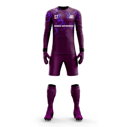 Custom goalkeeper kit with a rich maroon and purple design by Adrees Enterprises.