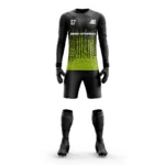 Custom goalkeeper kit with a black and yellow gradient design by Adrees Enterprises.